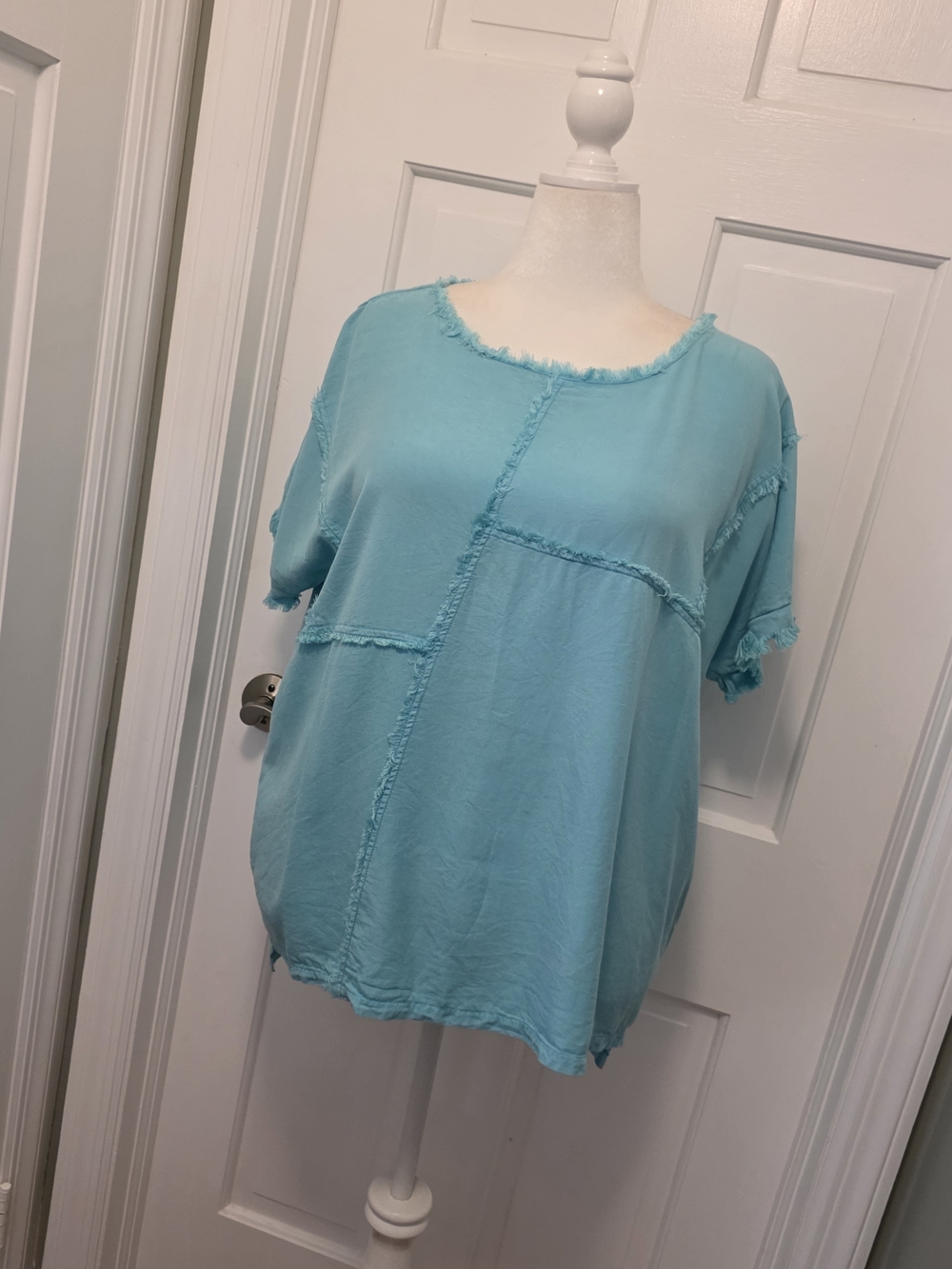 APNY Frayed Seams Patchwork Scoop Neck Short Sleeve Top — Colorful Size XL